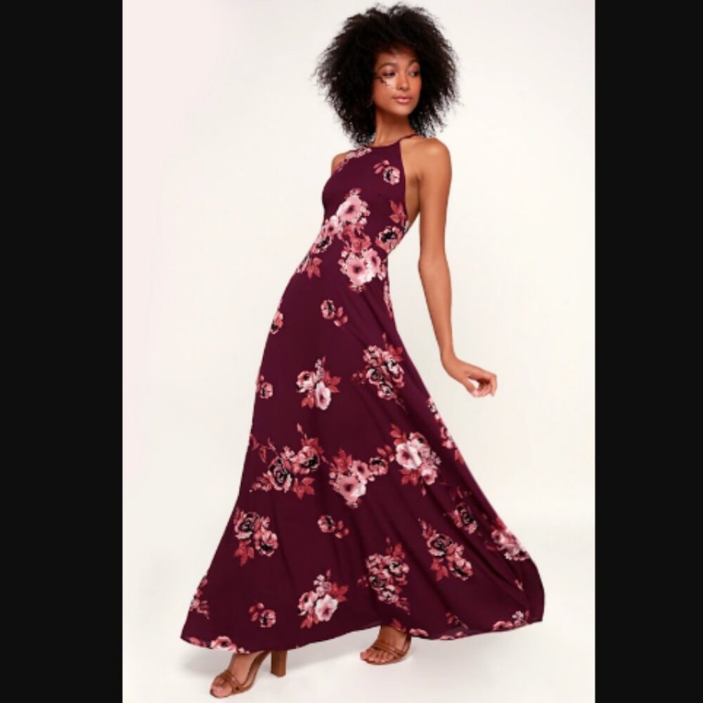 Lulu's Rancho Burgundy Floral Print Lace-Up Maxi Dress Women's Size S